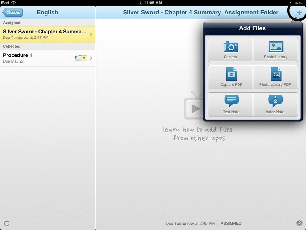 Step 8. At the top tool bar to the left there will be a plus sign (+), click that and a box will come up with all different ways to add your assignment.