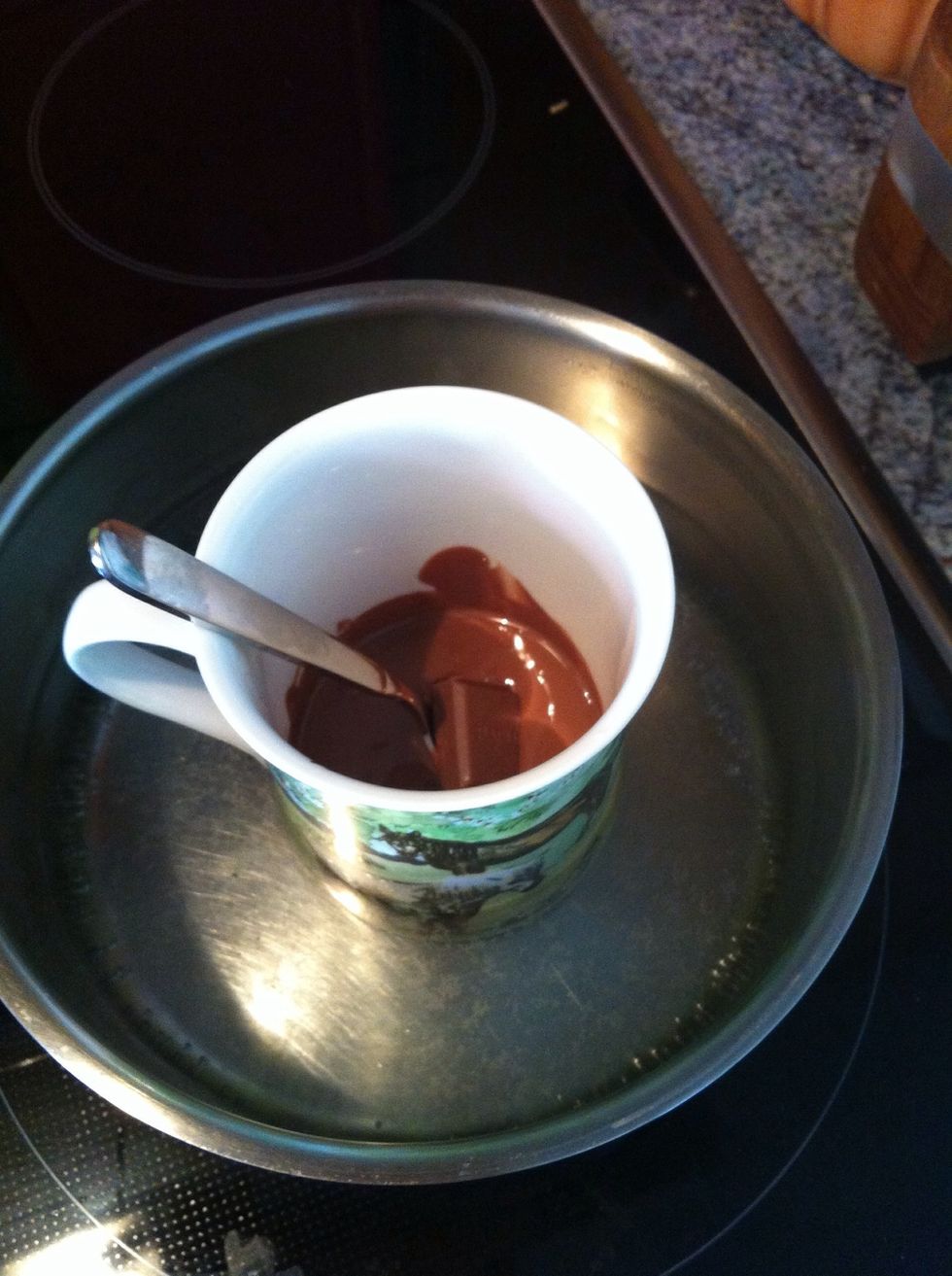 Step 8: Meanwhile break some dark chocolate into small pieces. Heat water in a saucepan (don't bring to a boil!) and add the chocolate chunks (in a coffee cup). Stir occasionally until molten.