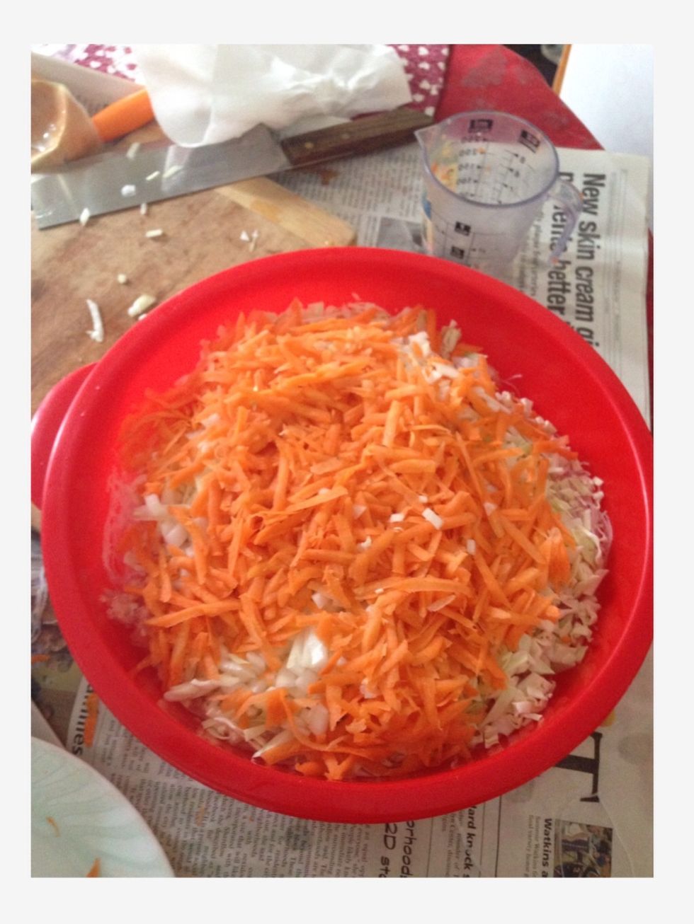 Step 9: Grab your ground pork and chopped vegetables. Mix thoroughly with the bean threads.