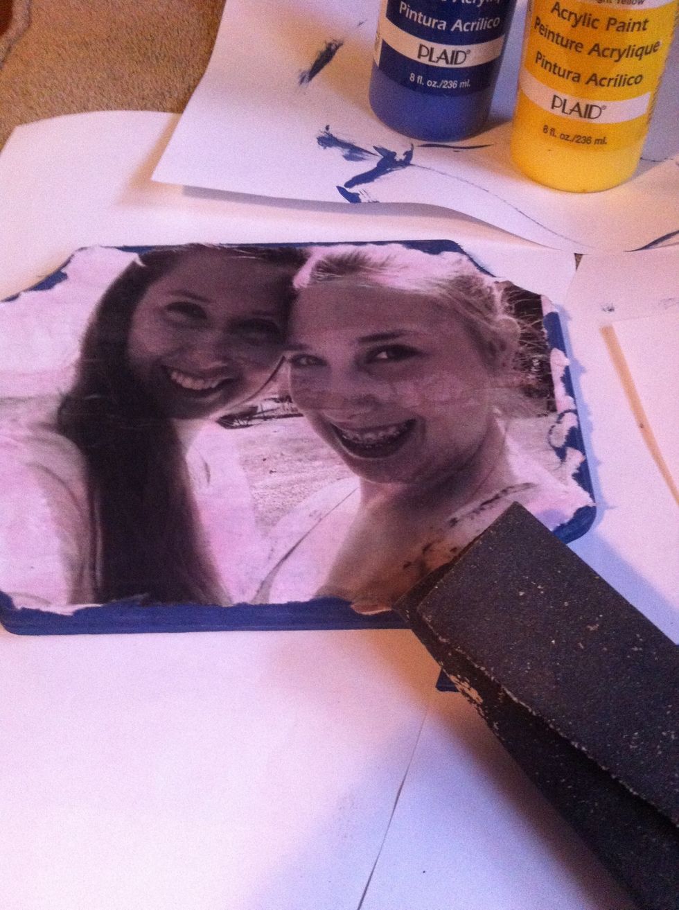 Step five: After Mod Podge is dried, Gently sand around edges to create a distressed look.