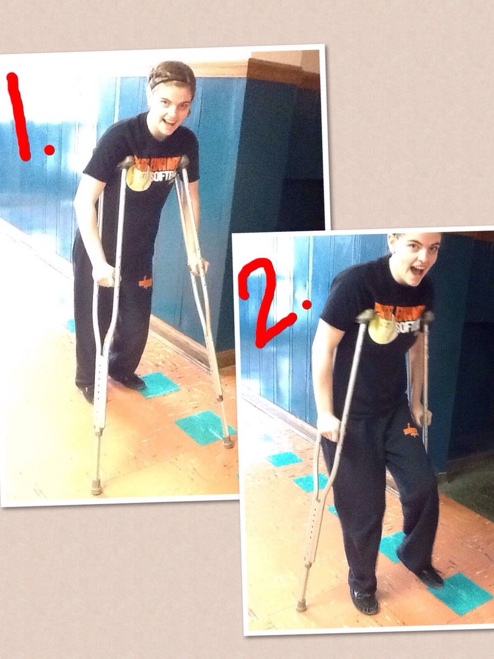 Step Five: Starting to walk. Crutches go first and then your good leg. After you do it a couple time it comes natural and you don't need to think about it.