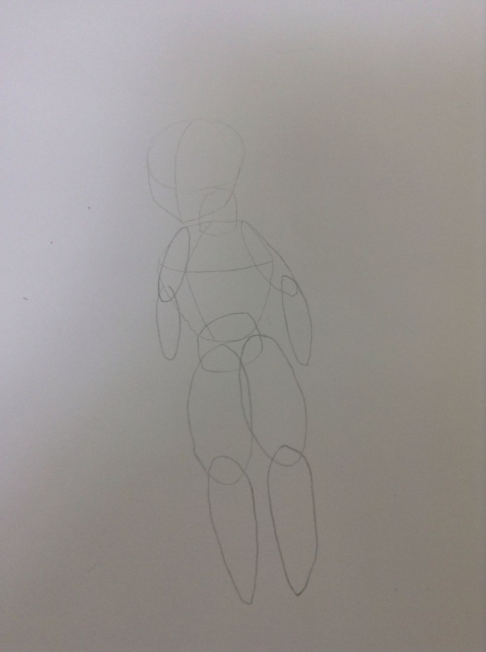 Step nine: draw one wide oval and draw one slim oval shape (must be attached together) on the bottom of the torso shape, then do the same on the opposite side.