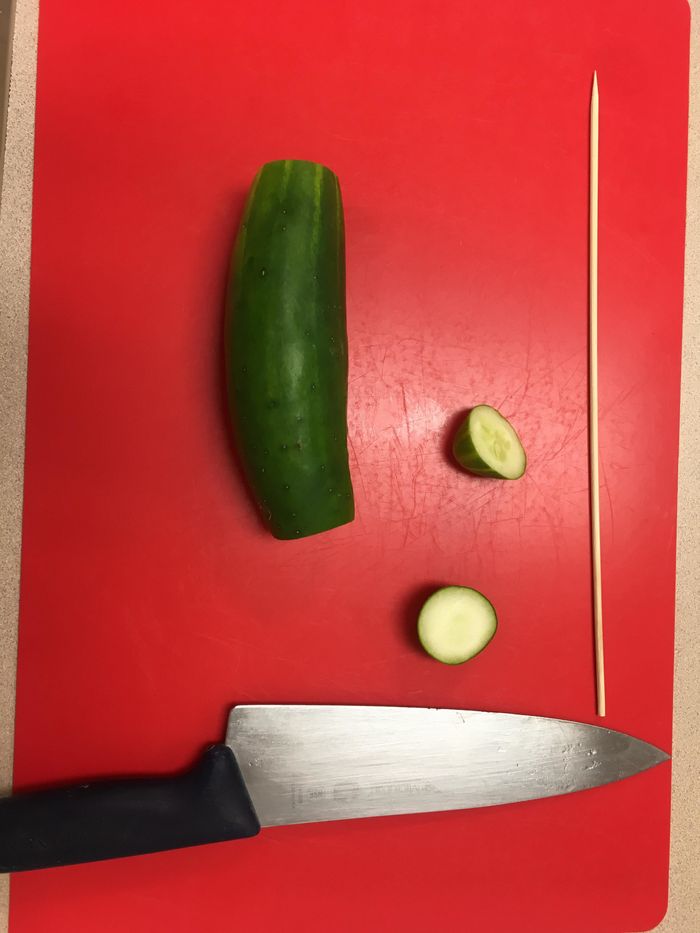 Step one- Get everything together and cut off the ends of the cucumber. 