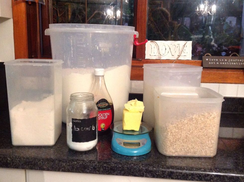 Step one: Get these ingredients- flour, butter, golden syrup, sugar, coconut and bicarbonate of soda. Then preheat the oven to 180 degrees