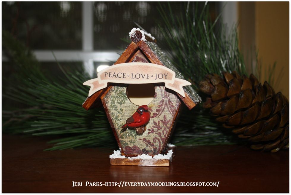 Step Seven: Embellish your birdhouse.  Now comes the fun part.  Stop by my blog, http://everydaymoodlings.blogspot.com/, for ideas.  Including a video on adding glass beads and Snow-Tex.
