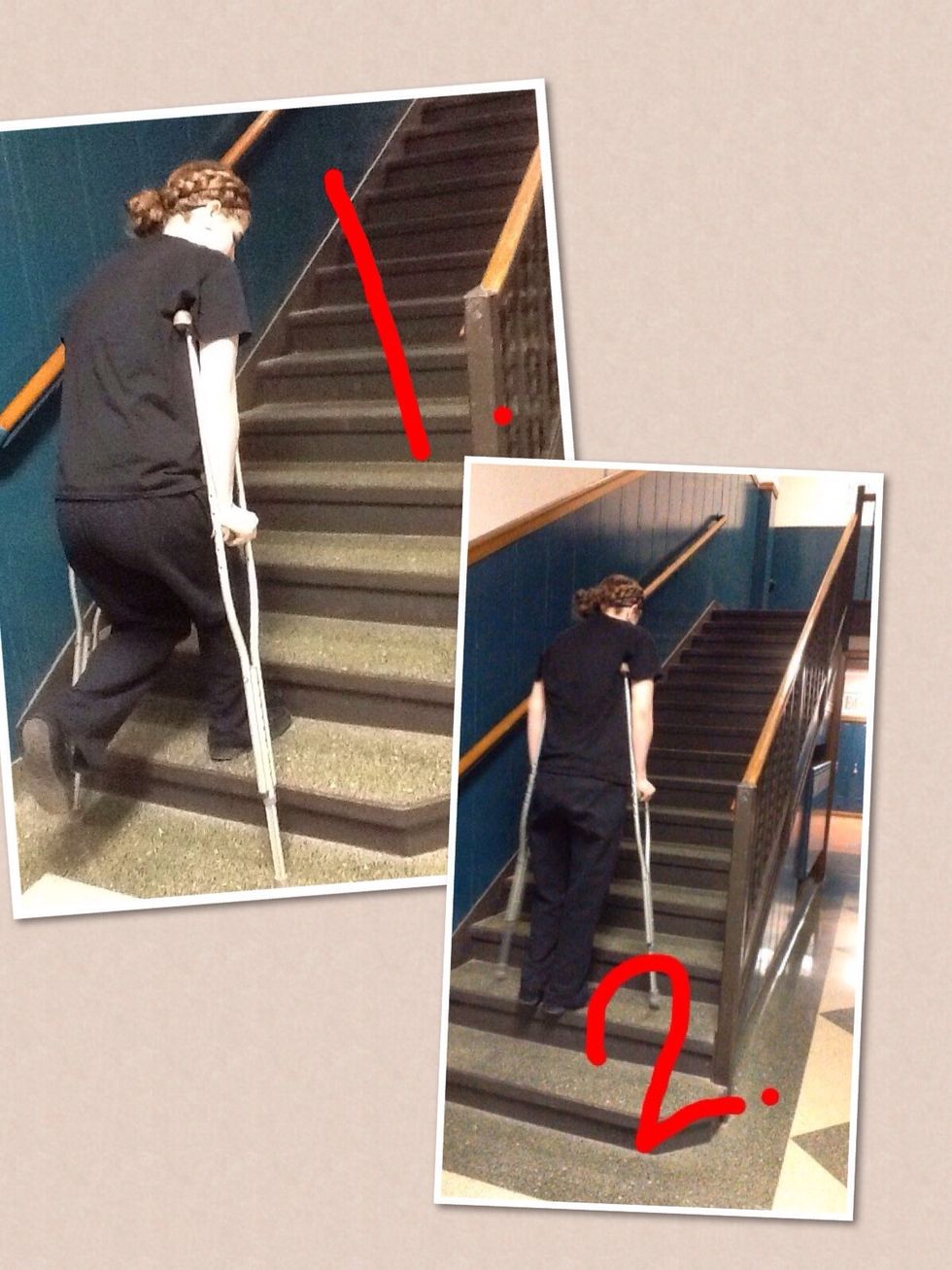 Step Six: Going up stairs. When you begin to go up the stairs remember your good leg goes up first, then followed by your crutches. Keep repeating that and take your time.