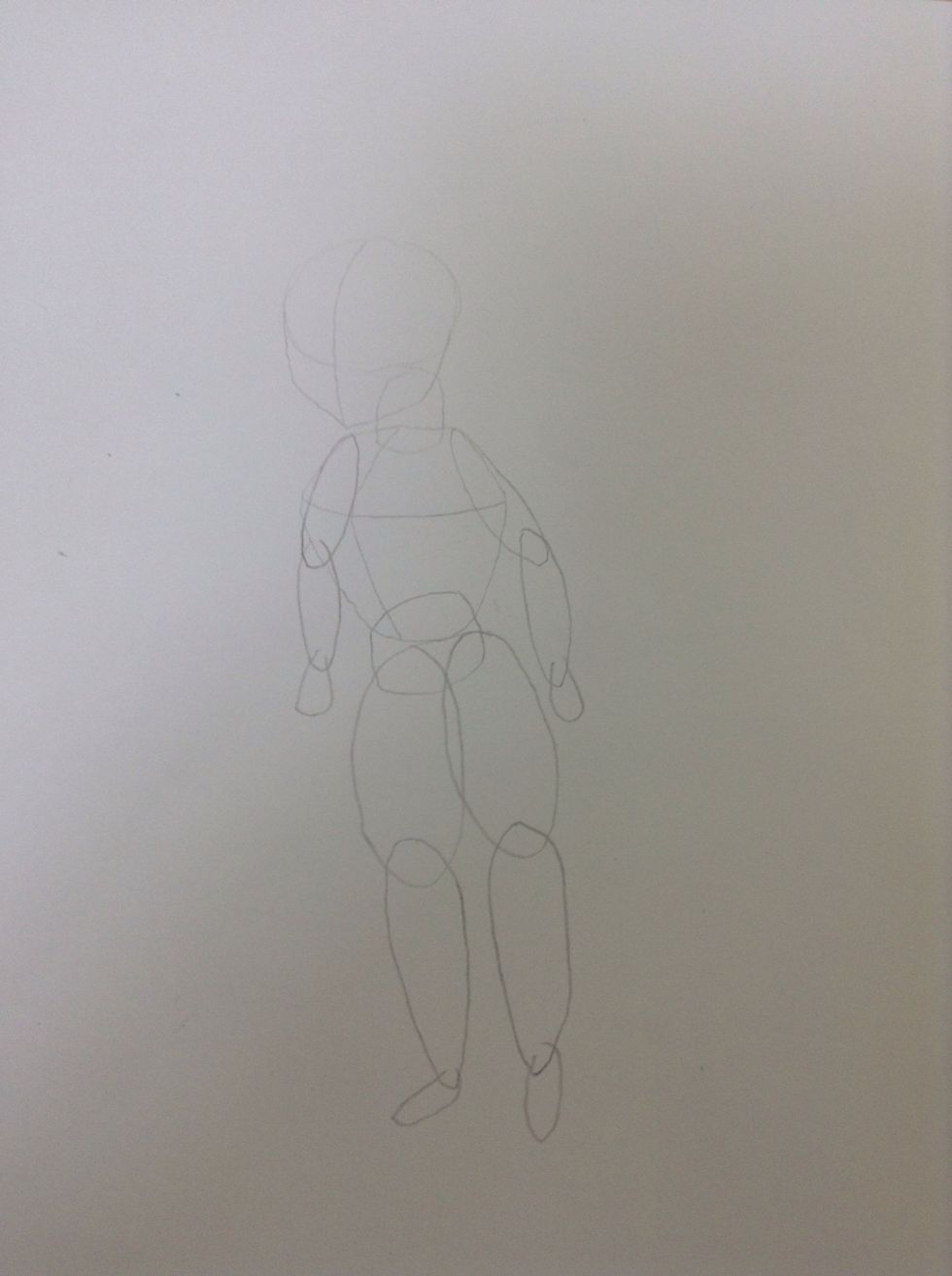 Step ten: add in slim oval shapes at the end of the arms and legs, to make the arm and feet.