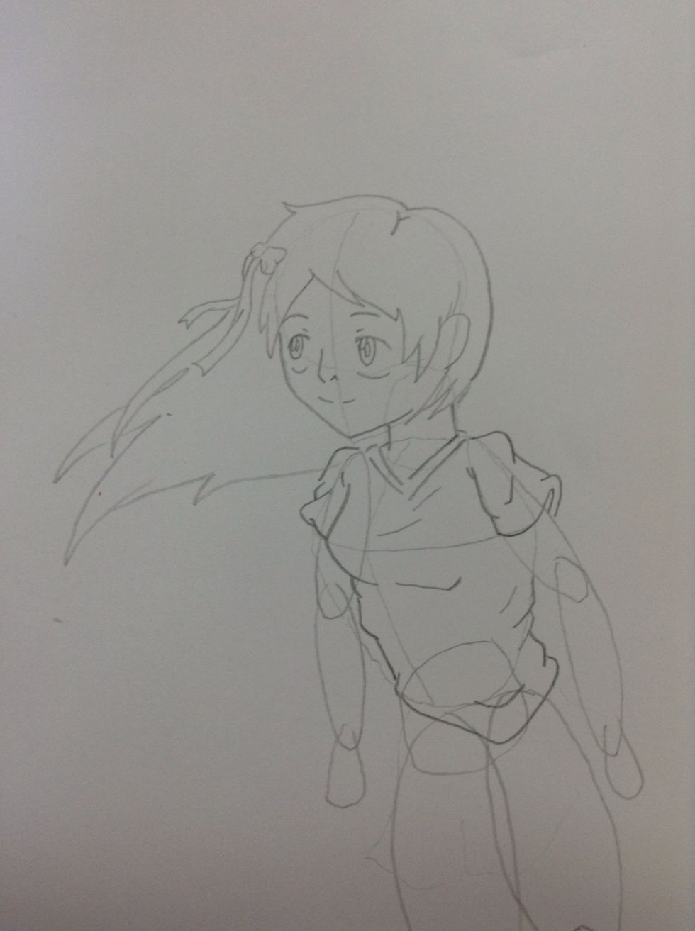 Step thirteen: sketch the top upper of the clothing.