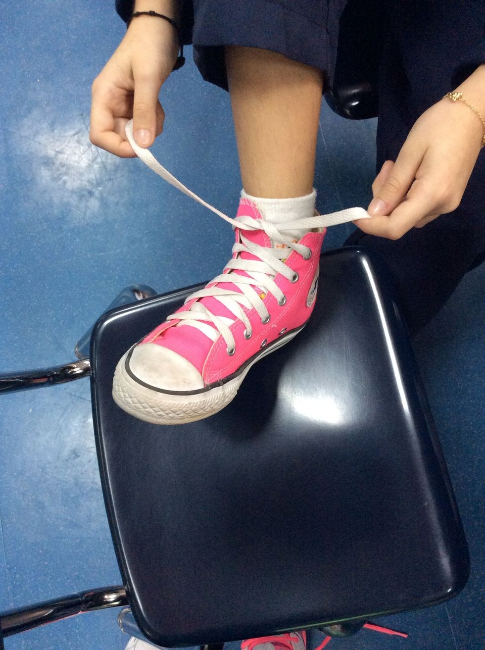 Step three, next put one lace through the x and pull \ud83d\udc5e