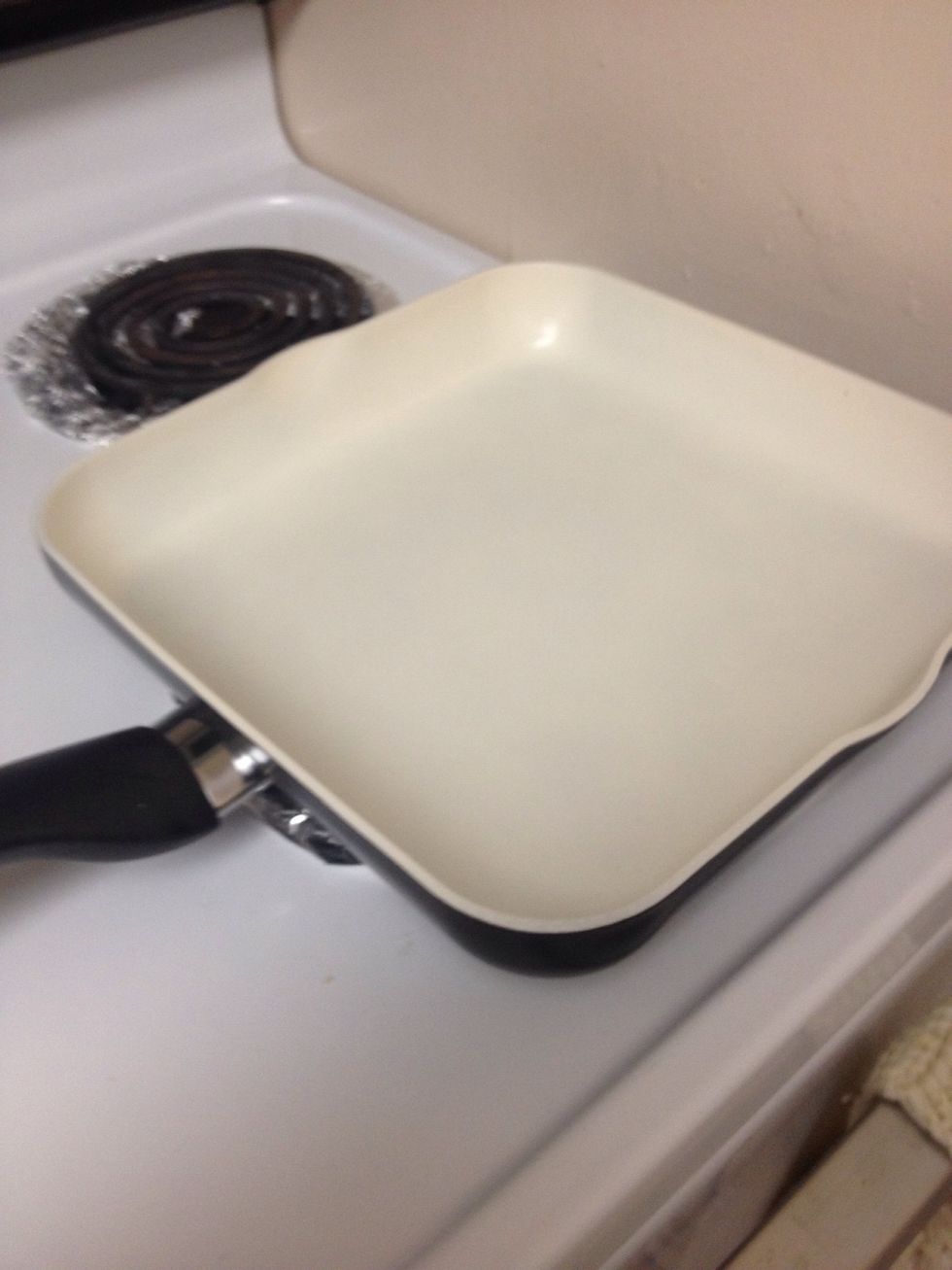 Step two: put your pan on the stovetop and start heating that baby up. We need it nice and hot