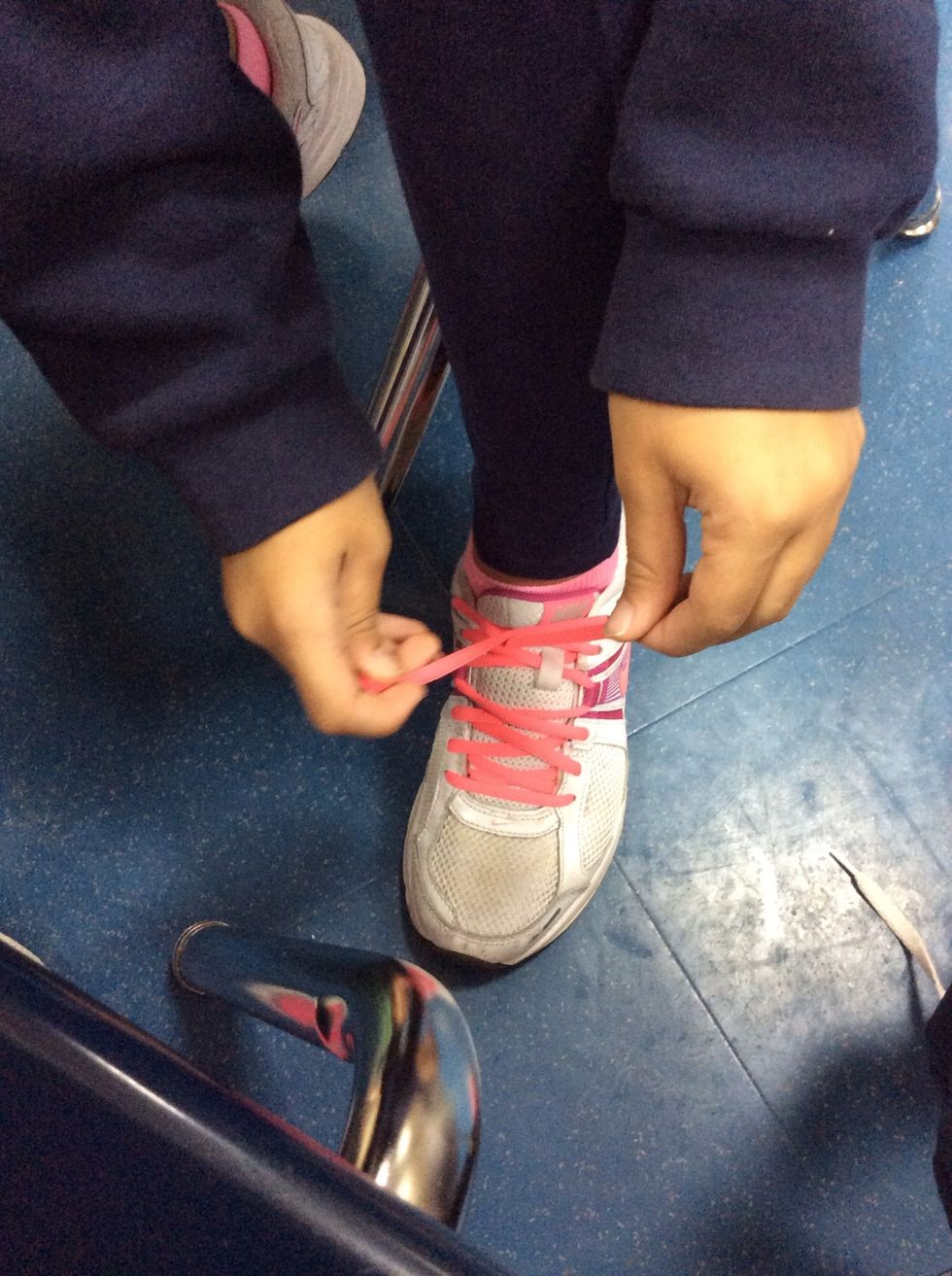 Step two, second take your shoe laces and make an \u2716\ufe0f