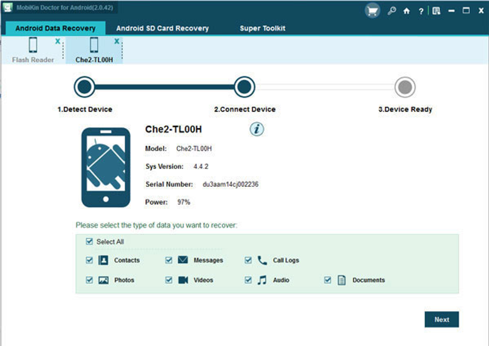 Step1: Run the Doctor for Android program  Download and install the program on your desktop computer or your laptop and then connect the Android device via a USB cable to the same computer.