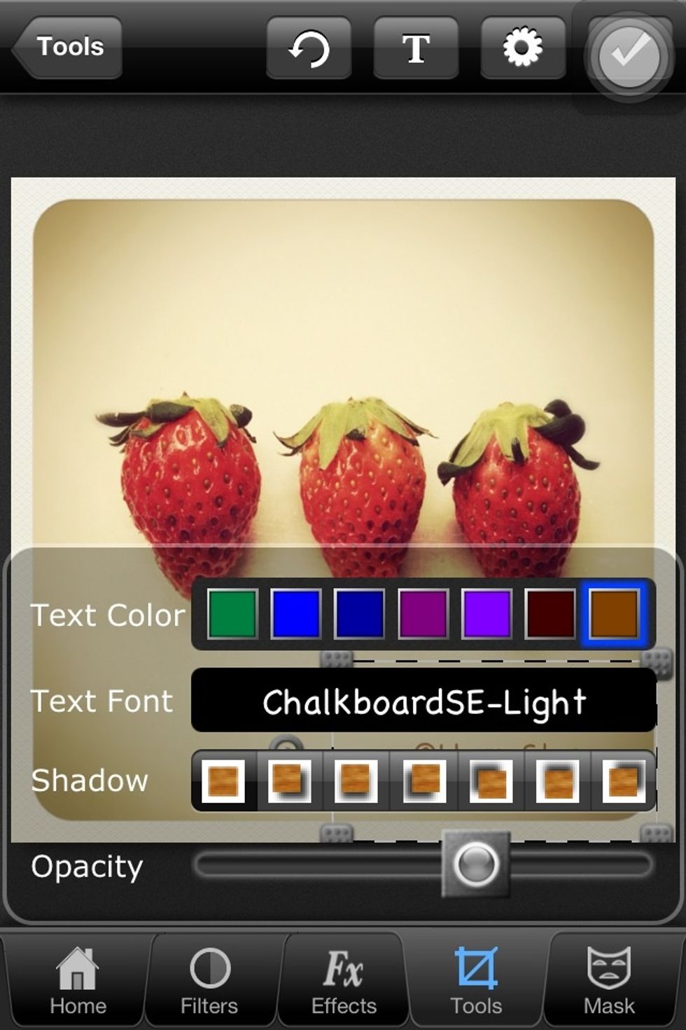 Step4: Tap the configuration sign (top-right) to set other properties, ex. Color, Font, Shadow and Opacity.