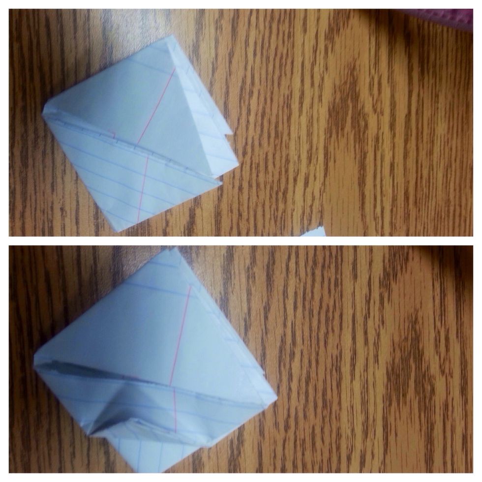 Step7: it should now look like a diamond, now fold both of the side corners to the middle of the diamond do to front and back