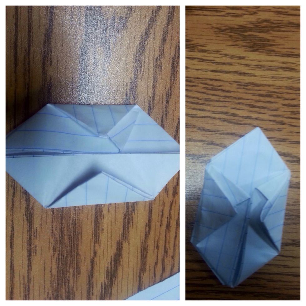 Step8: the corners that you just folded, at the top there should be a little pocket open it and stick the paper above it in there and press down do to both sides