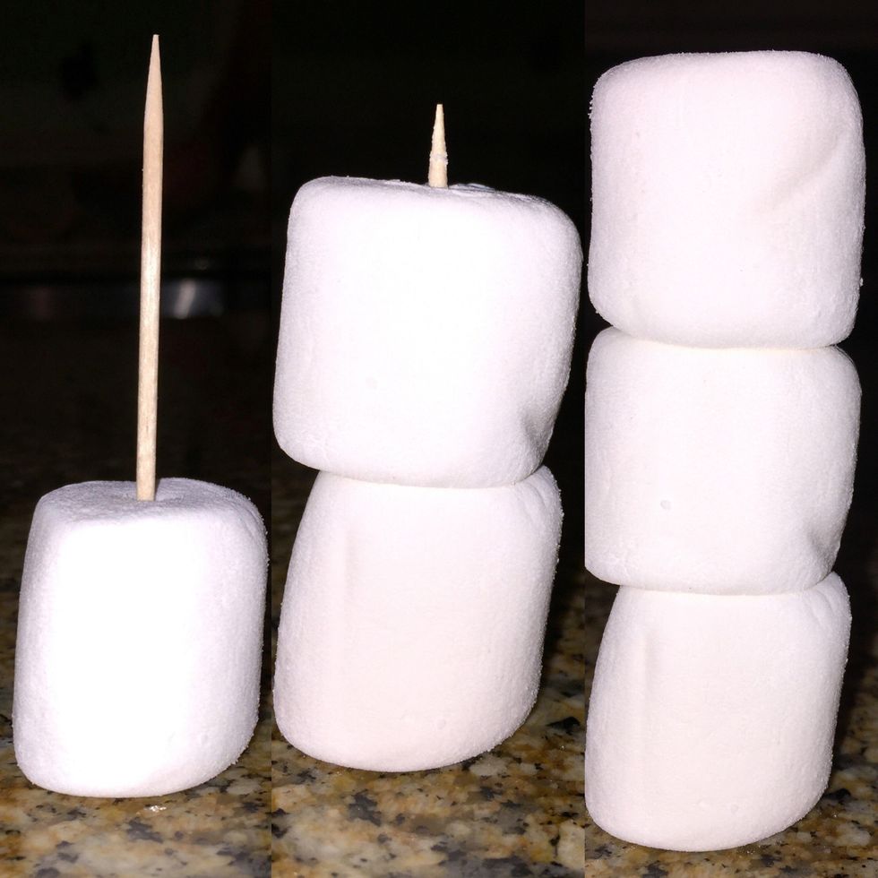 - Stick a marshmallow on the bottom of the toothpick. (#3) - Stick a marshmallow right above the first. (#2) - Stick a marshmallow above the first two. (#1)