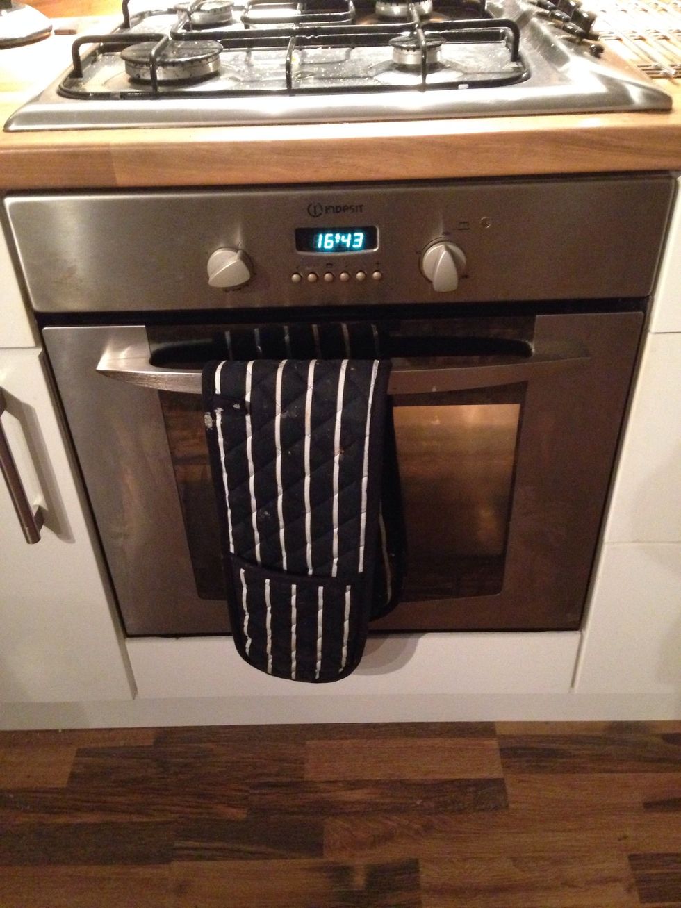 Stick in the preheated oven for 10 mins on each side, at 220oC. I know it seems really high, but trust me, it need to be.