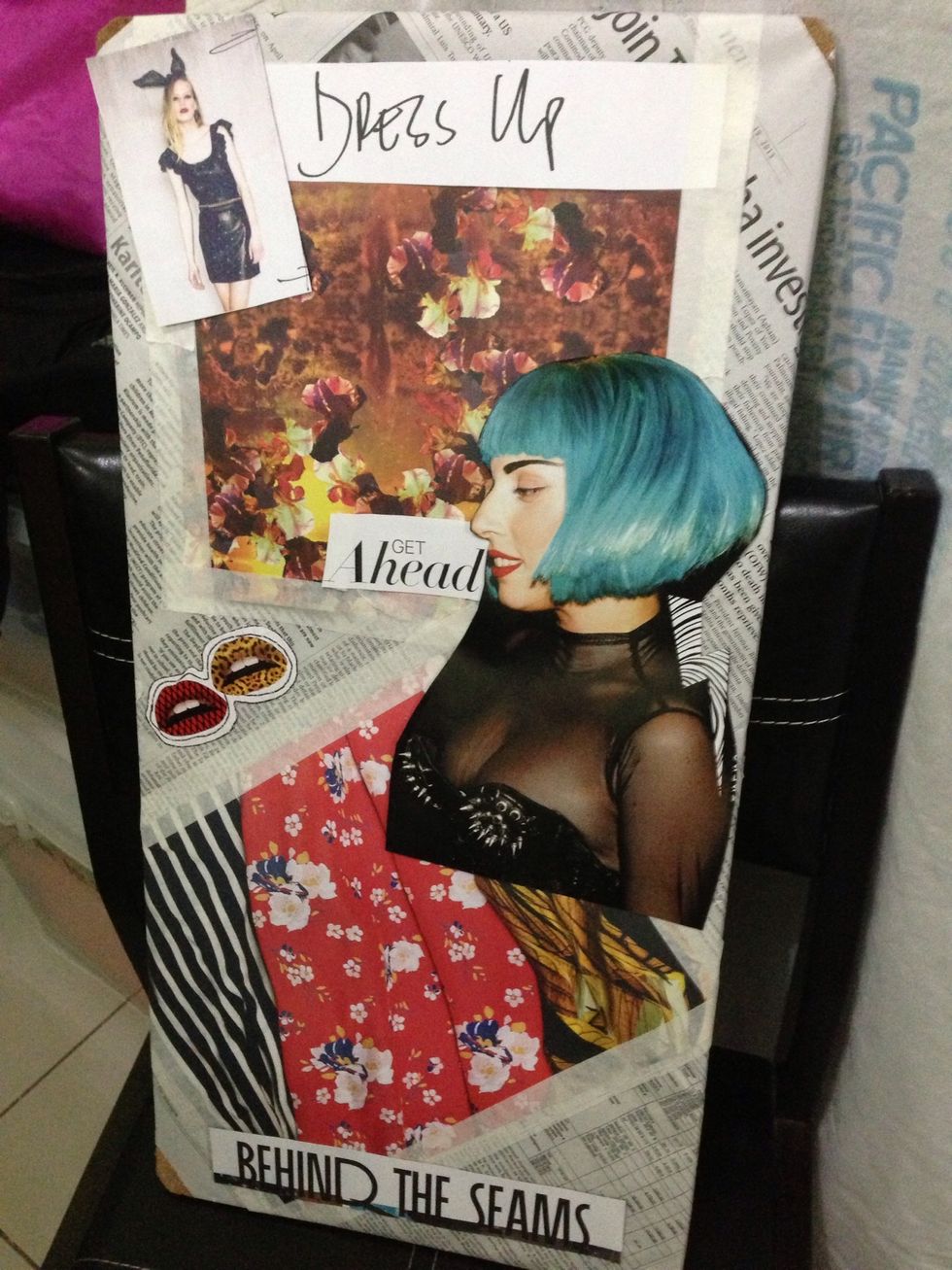 Stick photos and words in random parts of the cork board. Or design them as you wish.