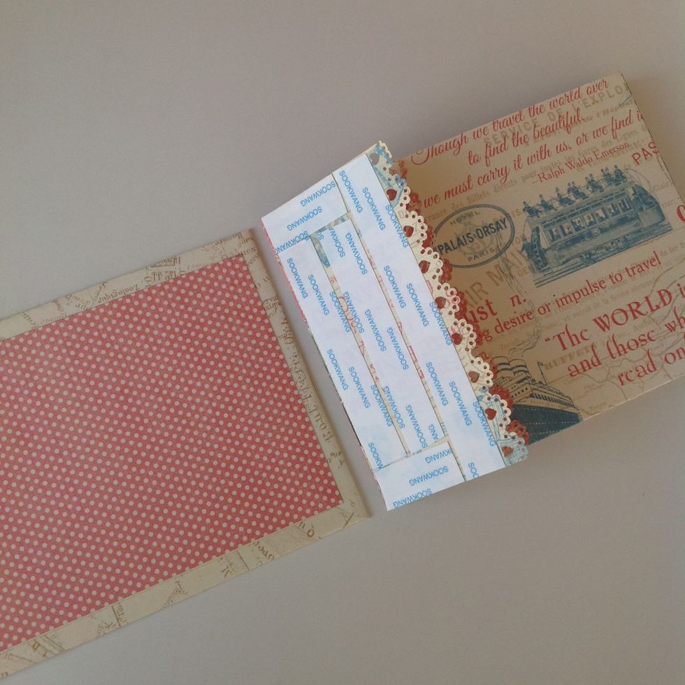Stick the flap of the first page to the cover. To add the other cover make a piece of 5x5" and stick to the page and to the cover.