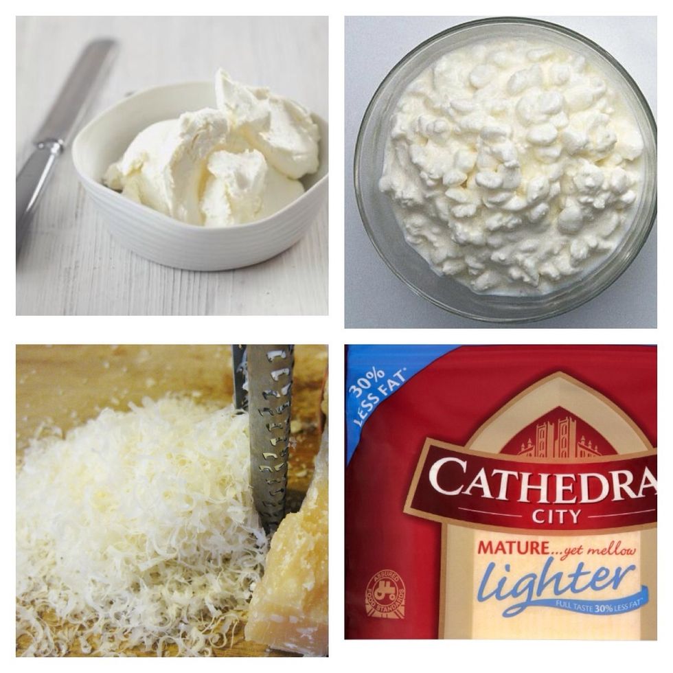 Stick to low fat or fat free cream cheese & cottage cheese for regular use. With hard cheeses chose a pinch of Parmesan or low fat mature cheese as they have a strong taste so you won't need as much.