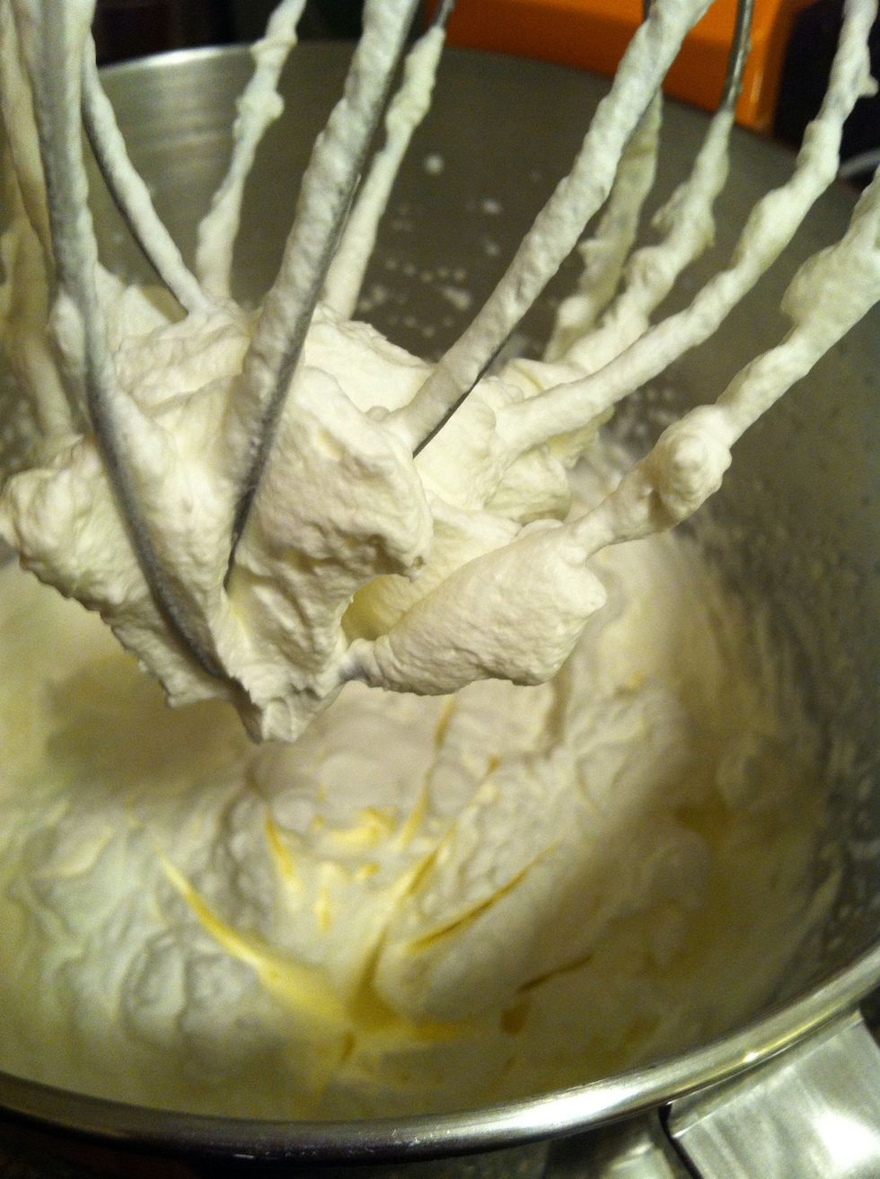 Stiff peaks. This is where you would stop for whipped cream, but we're gunna keep going! You can see the color beginning to change also.