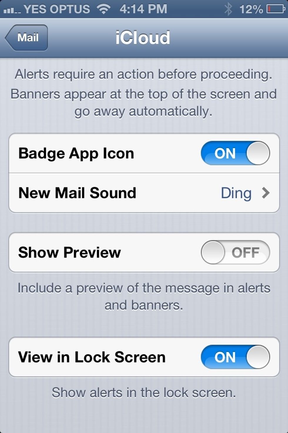 Still in the Notification settings find Mail and for accounts turn off Preview