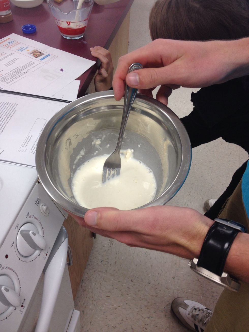 Stir 1/2 Cup of the milk and 3 Tbs of the flour together in small bowl until smooth