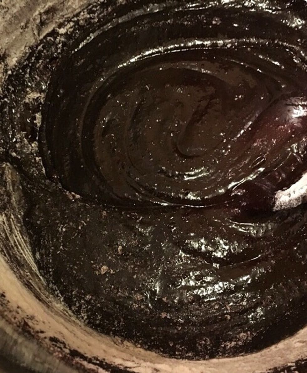 Stir again. Pour the batter into a cake tin.