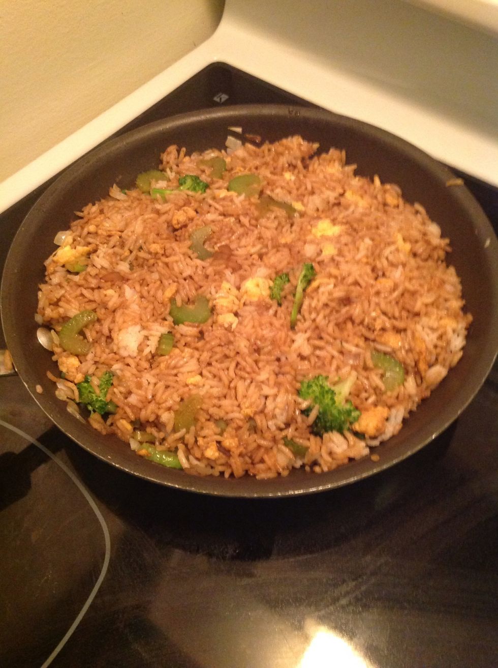 Stir all ingredients together and cook over medium to high heat for 5 -10 minutes depending how well done you like your rice cooked. If you've made it this far it's time for some delicious fried Rice.