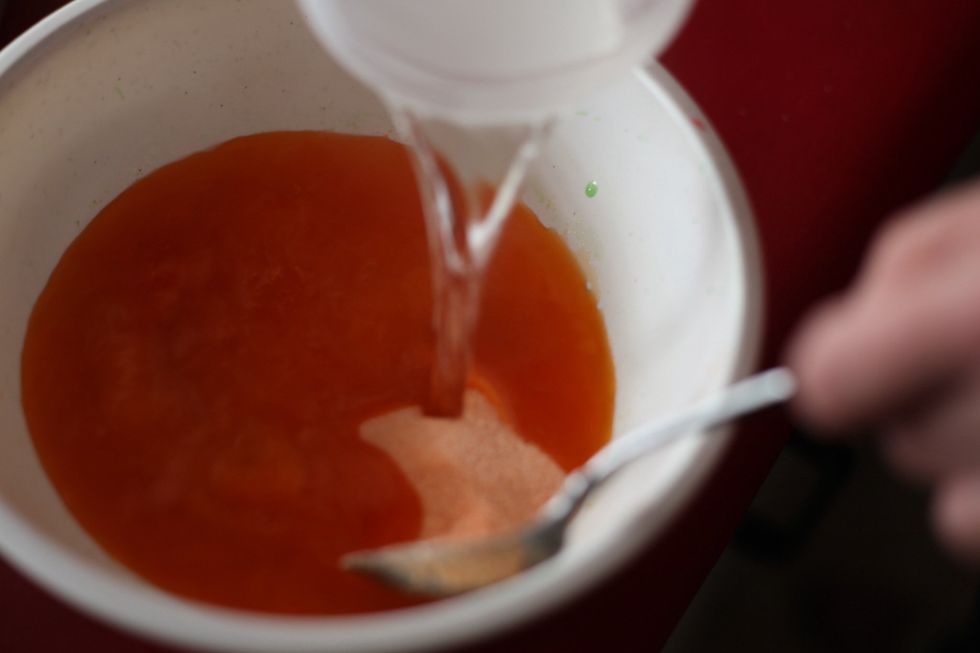 Stir and dissolve. Leave all 3 jelly bowls to set for 4 hours in the fridge. Do not start the next step until all 3 jellies are set hard.