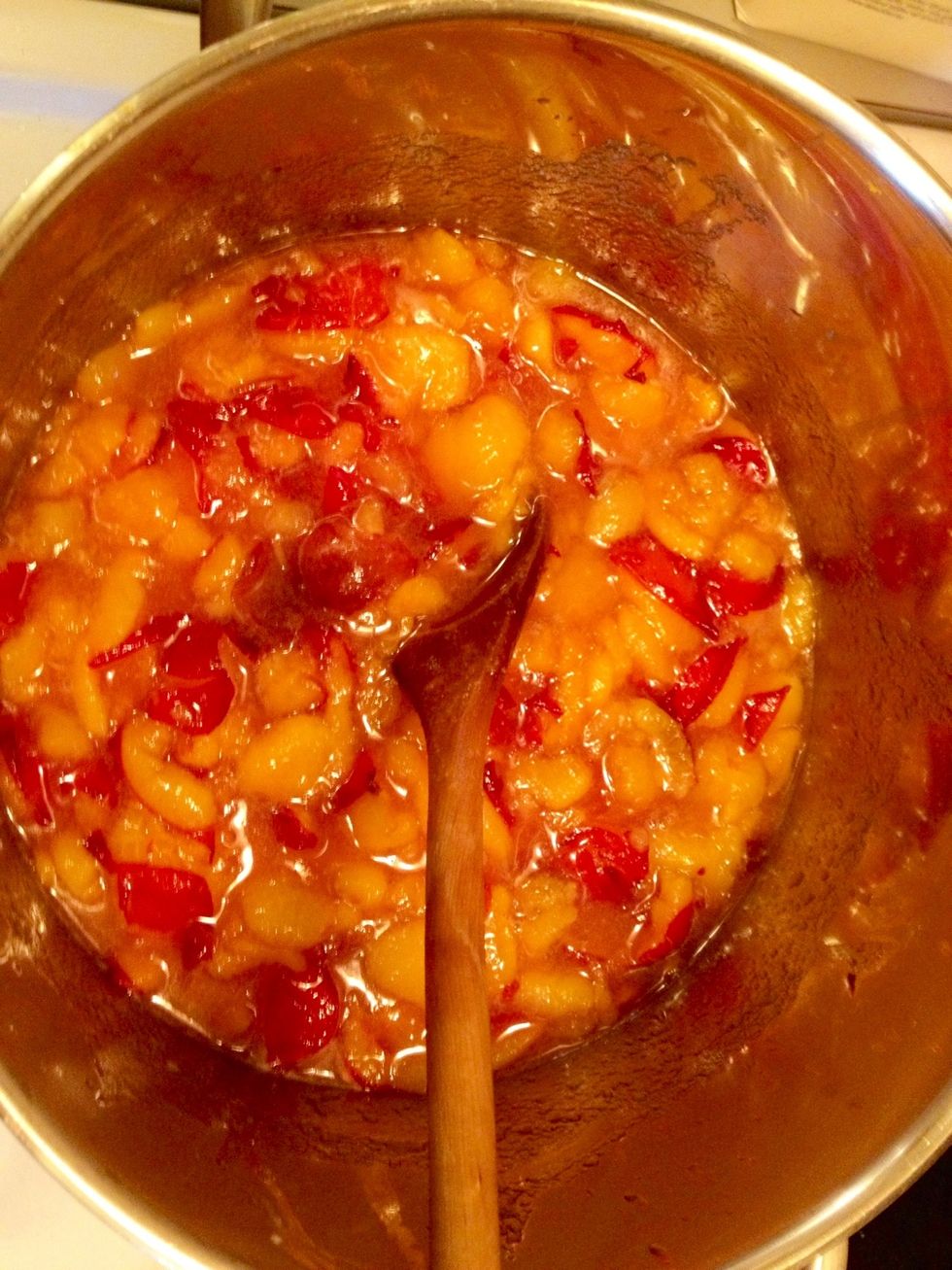 Stir and let boil for about 5 minutes depending on how ripe the fruit is. After a while a lot if foam bubbles up (no photo on that stage though). Remove any foam and pull off the heat.