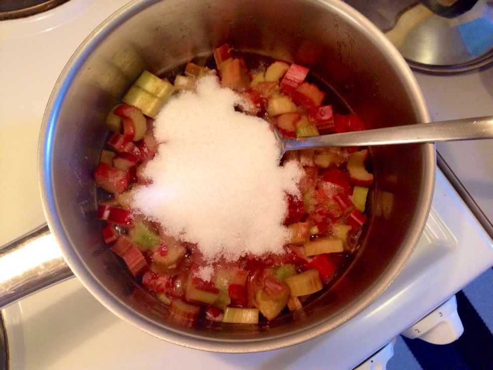 Stir and let simmer until the rhubarbs are mushy and thick.