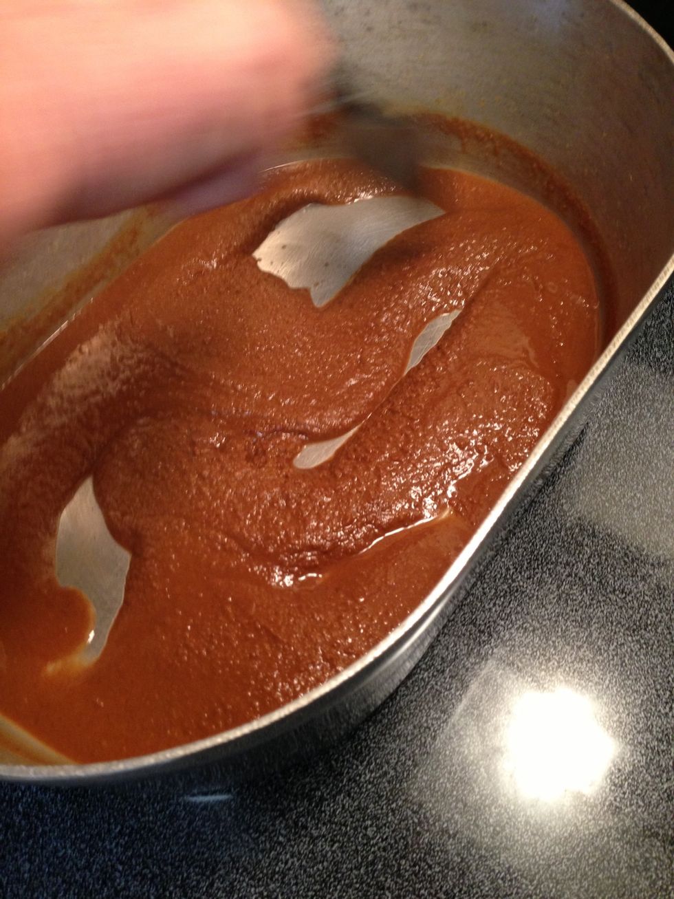 Stir and simmer with small bubbles for about 45 minutes until chocolate brown