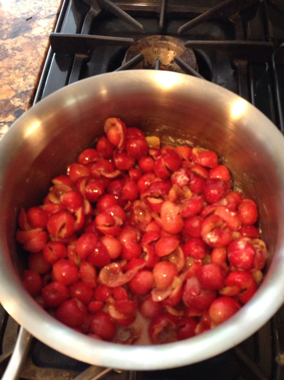 Stir cherries in a pot with lemon juice, cornstarch, and 1/3 cup sugar. Cook till cherries are soft.