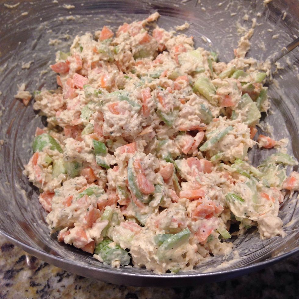 Stir chicken salad well to combine all the veggies. Note: other fun fruits/veggies are diced grapes for sweetness or radishes for bite.