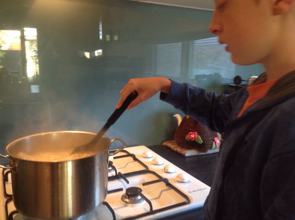 Stir continuously until the pasta bubbles.