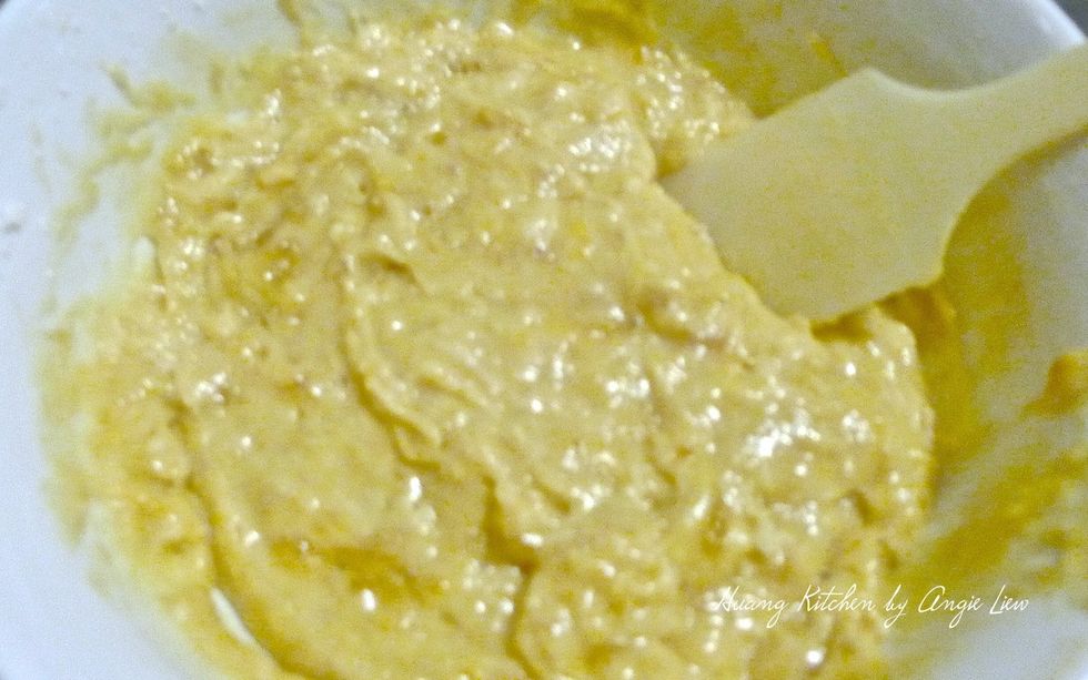 Stir everything together until its JUST moistened. Do not overmix or the muffins will become tough.