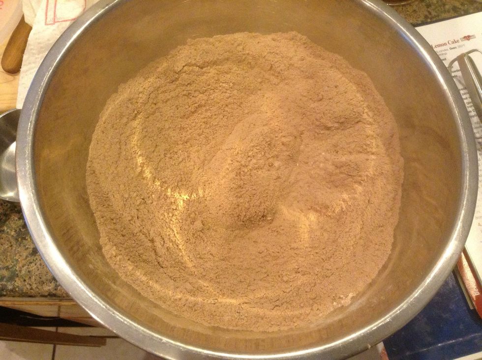 Stir flour, cocoa powder,salt, baking powder and soda