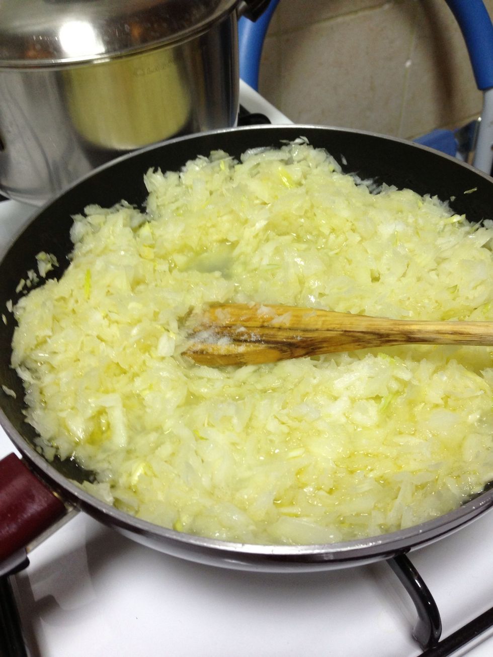 Stir fry 5 big chopped onions in olive oil