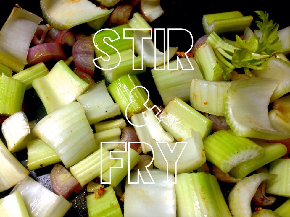 Stir fry chopped garlic and shallots in butter (or olive oil) on high until golden. Toss in celery and stir fry until edge is slightly golden.