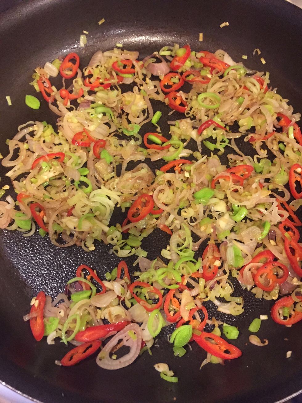 Stir fry onions till slightly soft, then add leeks and sliced chilies. Add salt pepper paprika & mix herbs & season generously. Cook mixture about 5 to 8 minutes & set aside to cool.