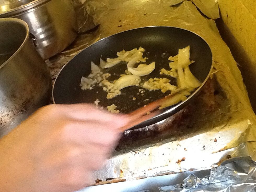 Stir fry the ginger, garlic, and onion until soft