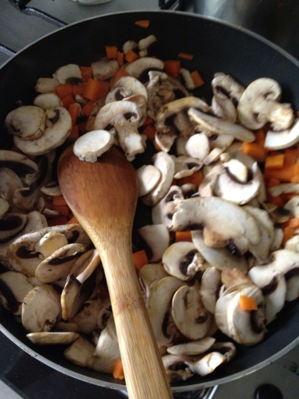 Stir fry your diced carrots, mushrooms and pork. Add pepper and salt to taste. ;)