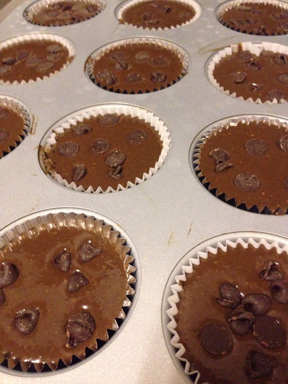 Stir half of chocolate chips into batter and scoop into lined muffin tin (12 count). Sprinkle remaining chocolate chips on top of muffins and bake in 350* oven for 10-15 minutes. Mine took 17 minutes