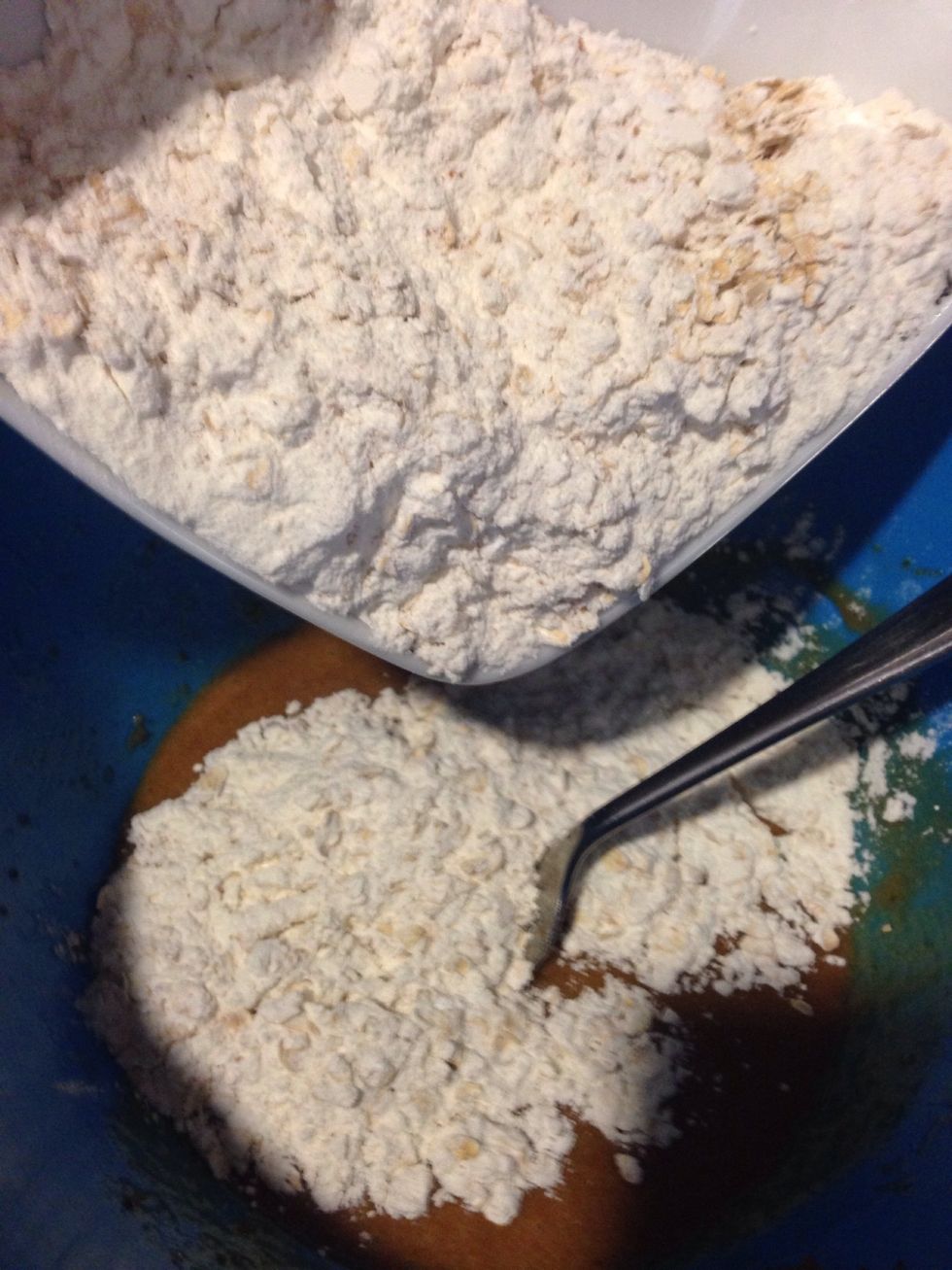 Stir half of flour mixture into butter mixture and mix it well. Then add the rest of flour mixture in it. Mix it well! \ud83d\ude0a