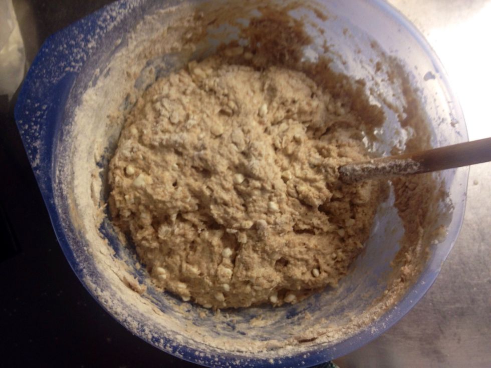Stir heavily. At this point I moved the dough to a machine, like a kitchen aid.