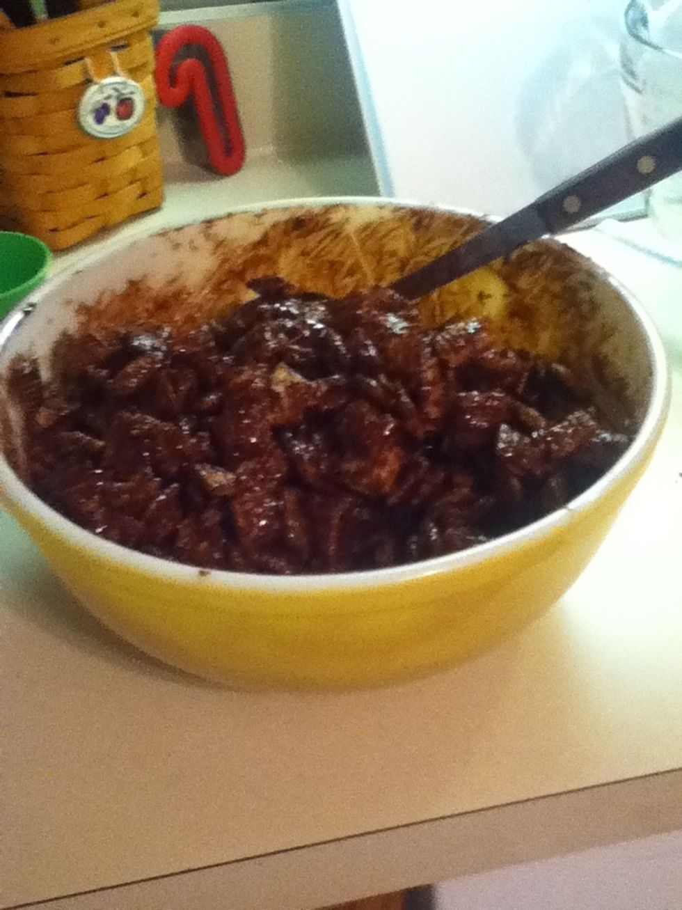 Stir immediately so the chocolate doesn't cool. Make sure all the cereal gets covered. It should look something like this.