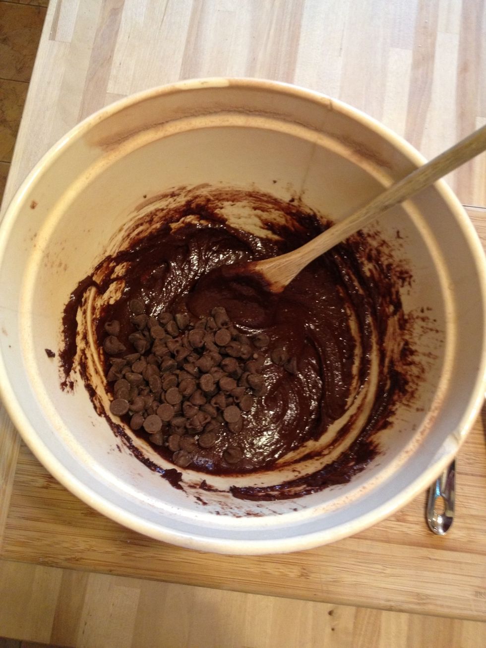 Stir in 1/2 cup chocolate chips. This is optional. You can use any addition you like. Nuts, peanut butter chips, etc.
