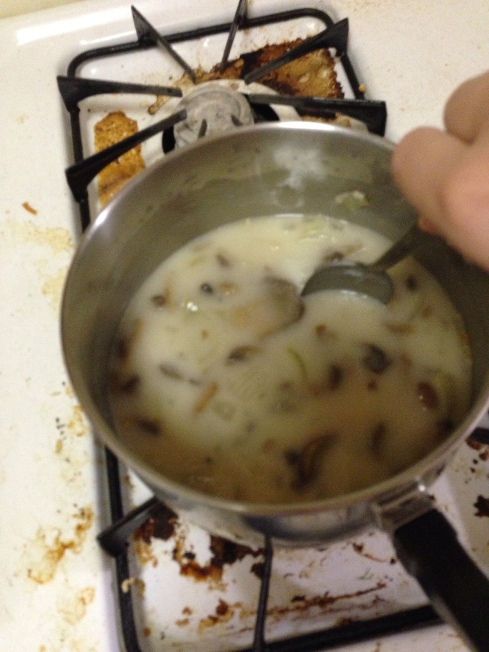 Stir in 2.5T flour once stirred in slowly add the chicken soup broth stir untill a little thick
