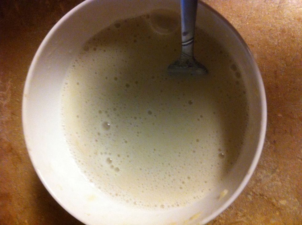 Stir in 2 teaspoons maple syrup (can add a tiny bit more if you like sweeter pancakes) and 1 1/4 cups any vegan milk into mashed banana.